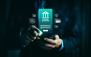 Online banking and digital finance concept with businessman using smartphone for secure transaction, mobile payment, financial technology, money transfer, investment, modern banking service innovation
