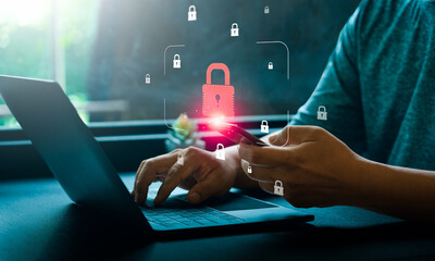 Cybersecurity and mobile data protection concept with person using smartphone, laptop with glowing digital padlock icon representing secure online access, privacy authentication, internet information