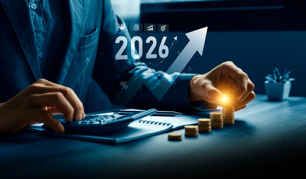 Financial growth and business investment concept for 2026 with person using calculator, digital arrow showing upward trend, symbolizing profit increase, economic success, future financial performance