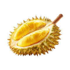 Fototapeta premium Ripe Durian Fruit Cut Open Exposing Bright Yellow Fleshy Arils Against A Transparent Background
