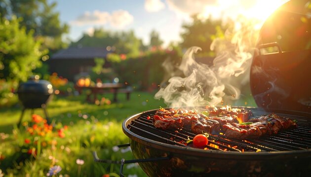 Steaks cooking on a BBQ grill in a lush garden at sunset with a house and picnic table in the background