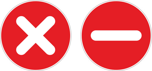 Fototapeta premium Two red circles with white symbols: a cross and a horizontal bar, representing negation or prohibition.