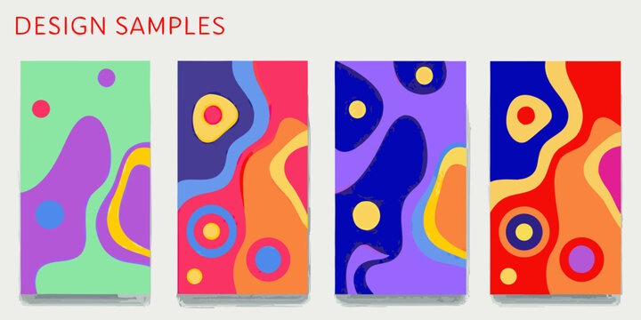 Collection of four vibrant abstract organic shapes and colorful fluid background designs