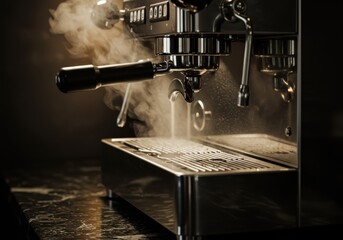 Professional metal beverage maker releases thick steam above a dark counter surface