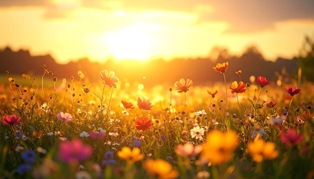 Sunlit field of colorful wildflowers glowing during golden hour, creating a warm and picturesque scene - Powered by Adobe