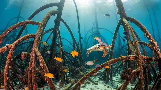 Sea turtle swims through mangrove roots with colorful fish