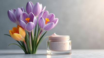 facial cream bottle mock up with tulips 