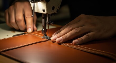 Hands sewing leather on machine: craftsmanship and precision in leatherwork