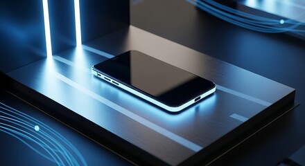 Sleek smartphone on a reflective surface with neon lighting accents.