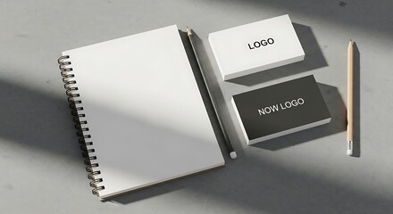 Overhead shot of a notebook, business cards, and pencil on a gray surface.