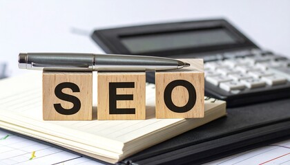 SEO Concept with Wooden Blocks, Calculator and Pen, on a Notebook