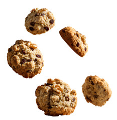 Assortment of chocolate chip and walnut cookies isolated on transparent background floating walnut cookies isolated on transparent