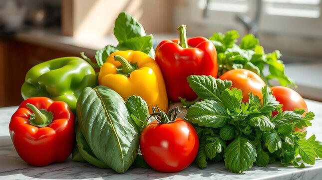 A photorealistic, still-life arrangement of fresh vegetables on a marble countertop, including vibrant bell peppers, leafy greens, and ripe tomatoes.