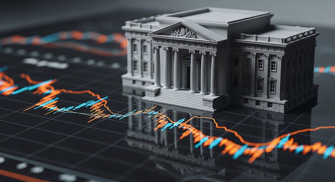 Miniature bank building on stock market chart reflecting financial growth