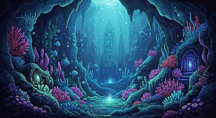 Mystical Underwater Cave Oasis with Bioluminescent Flora and Fauna Deep Ocean Realm Artwork