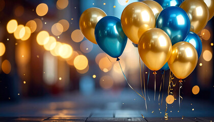 A vibrant and elegant celebratory background featuring a bunch of glossy blue and metallic gold helium balloons floating against a dark backdrop filled with bright, shimmering golden bokeh lights.