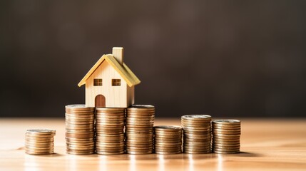 Small house model sits atop stacked coins in warm natural light, symbolizing real estate investment. Blurred green background adds depth. Neural network AI generated