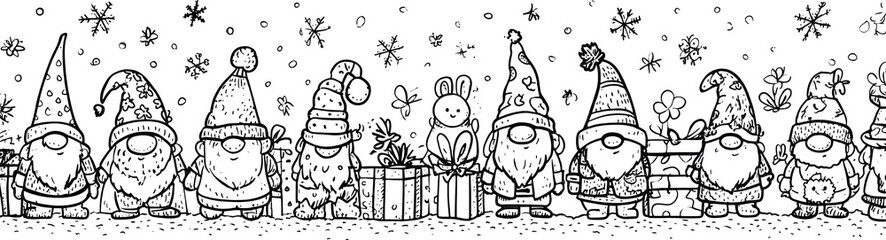 Fototapeta premium Christmas gnome snowflake present winter festive cute hand drawn border