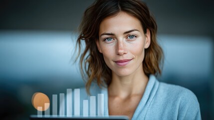 Confident Woman with Tablet and Virtual Business Graph for Success and Technology Concepts