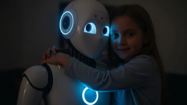 Young girl hugging a friendly robot with glowing blue lights