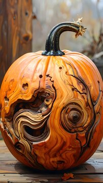 Artistic autumn pumpkin with a detailed burl wood texture carving.