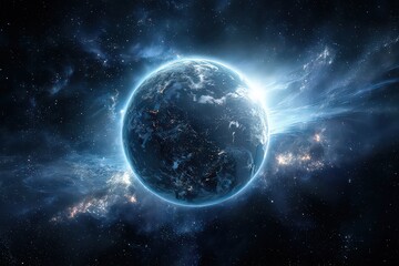 Obraz premium Abstract Digital Sphere Illuminating in Deep Space Surrounded by Starfield and Nebulae