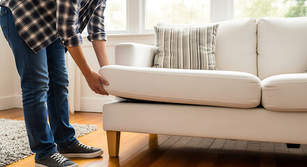 Person adjusting sofa cushion in bright living room, ensuring comfort and tidiness for home