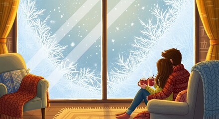 Couple enjoying a Cup of Hot chocolate inside a cozy interior during winter morning with visible icy texture on the window