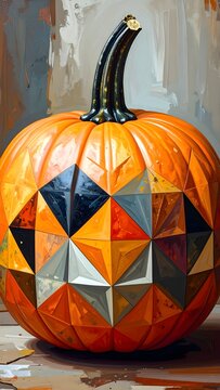 An artistic oil painting of a Halloween pumpkin decorated with a colorful geometric mosaic pattern.