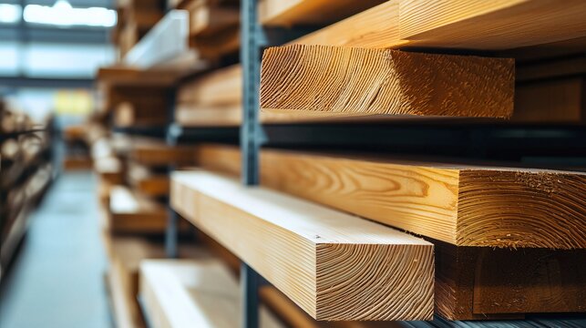 Wooden lumber stacked in a warehouse ready for construction and woodworking projects