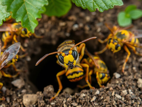 Close-up of yellow and black wasps emerging from a hole in the ground