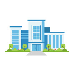 Modern Hospital Building With Rooftop Solar Panels And Green Landscaping Featuring Minimalist Shapes And Colors In A Flat Style Illustration