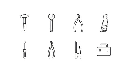 Collection of simple line art icons representing various hand tools and a toolbox