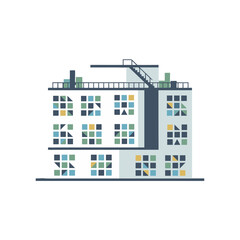 Modern Medical Building Vector With Multi Floor Structure Rooftop HVAC Elements And Clean Geometric Layout In White And Blue Tones