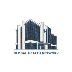 Modern Medical Center With Central Entrance And Symmetrical Side Buildings Featuring Blue Glass Facades And A Prominent Cross Symbol