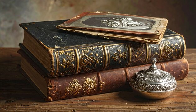 Stack of aged leather-bound books with ornate decorations and a small silver container on a wooden surface