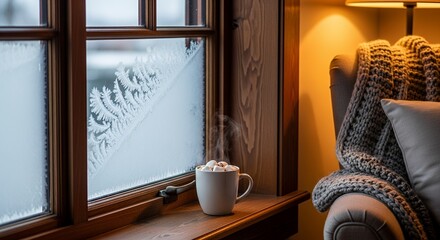 Cup of Hot chocolate inside a cozy interior during winter morning with visible icy texture on the window