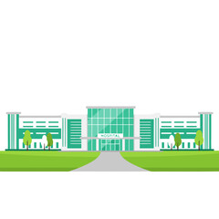 Modern Vector Hospital Building With Layered Wings Clear Elevation In White And Teal With Green Grass Landscape