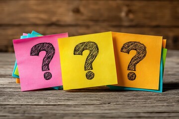 Colorful Sticky Notes Displaying Question Marks on a Rustic Wooden Surface
