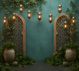 Enchanting Moroccan Archways with Golden Lanterns and Lush Greenery, wedding backdrop design 