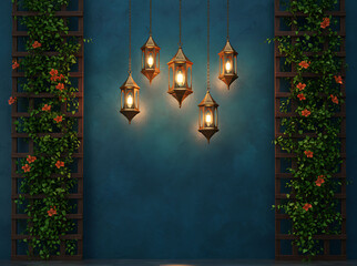Ornate Hanging Lanterns and Lush Floral Trellis on Textured Teal Wall, wedding backdrop design 