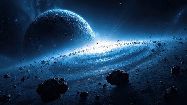 Dramatic View of a Large Blue Planet Surrounded by Asteroid Rings in Deep Space Under Dark Skies