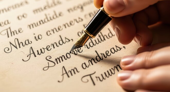 Close-up of a hand writing with a fountain pen on paper with cursive script in a warm, sepia-toned light.