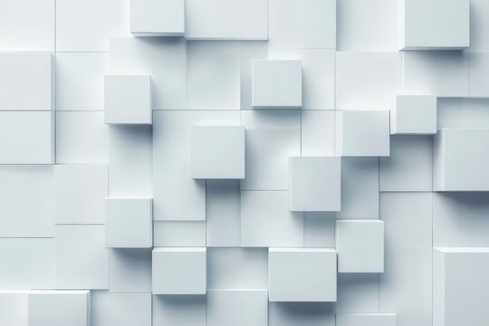 White boxes scattered on bright surface create geometric pattern. Soft lighting highlights edges, enhancing minimalist aesthetic. Birds-eye perspective. Neural network AI generated