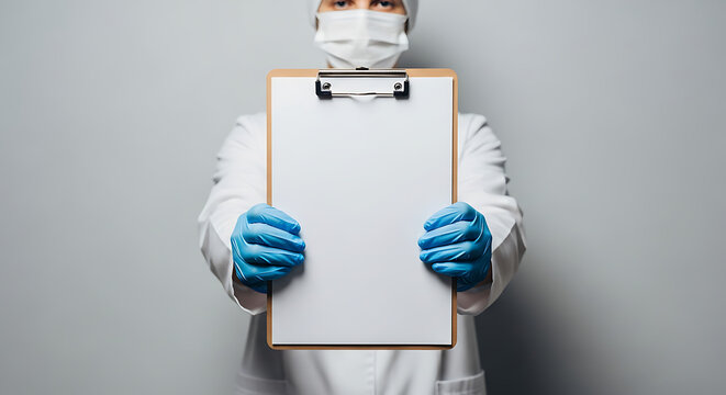 Doctor in protective suit holding a blank clipboard for medical results or a healthcare message