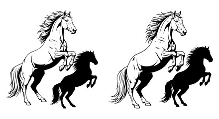 Two horses standing on their hind legs, one in silhouette, , in black and white drawing style