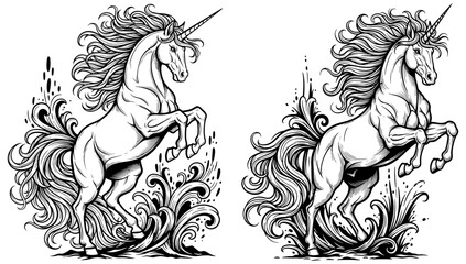 Two majestic unicorns with flowing manes and tails rearing up, a symbol of power and grace