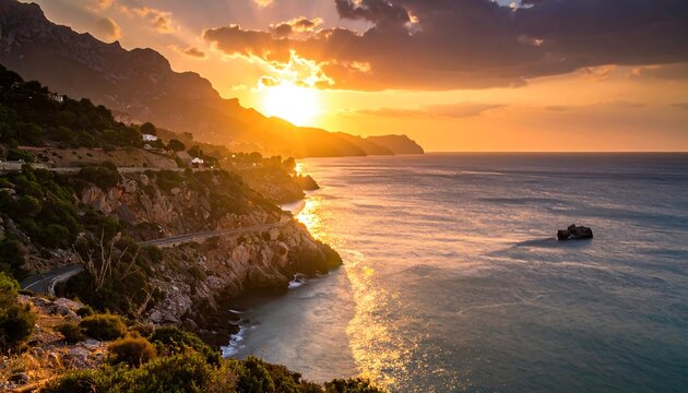 Stunning coastal view with warm sunset light illuminating the rocky cliffs, sea, and distant mountains
