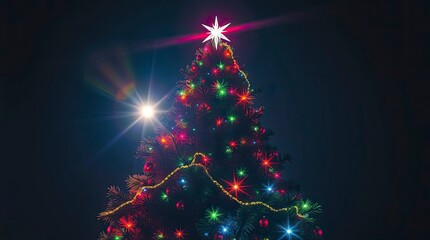 Moody Vibrant Christmas Tree with Bright Lens Flare and Light Streaks