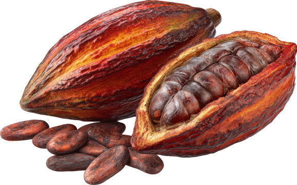 Cacao pod, cacao bean, tropical fruit, brown seed, isolated, agriculture, healthy food